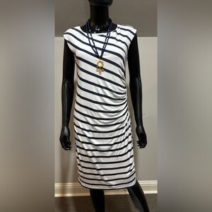 Ann Taylor Loft navy white stripe nautical tshirt dress side ruching small